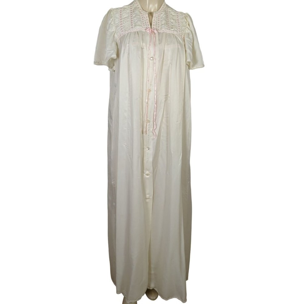 Vintage Venus Barsa Ariel Robe‎ and Gown set white satin with pink ribbon size M